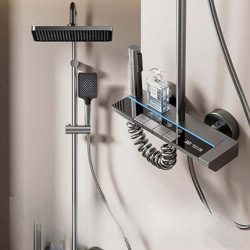 Digital Display Thermostatic Shower Set, LED Mood Light, Rainfall Shower Head, Bathroom Shower Panel, Home Use, 12 Inch