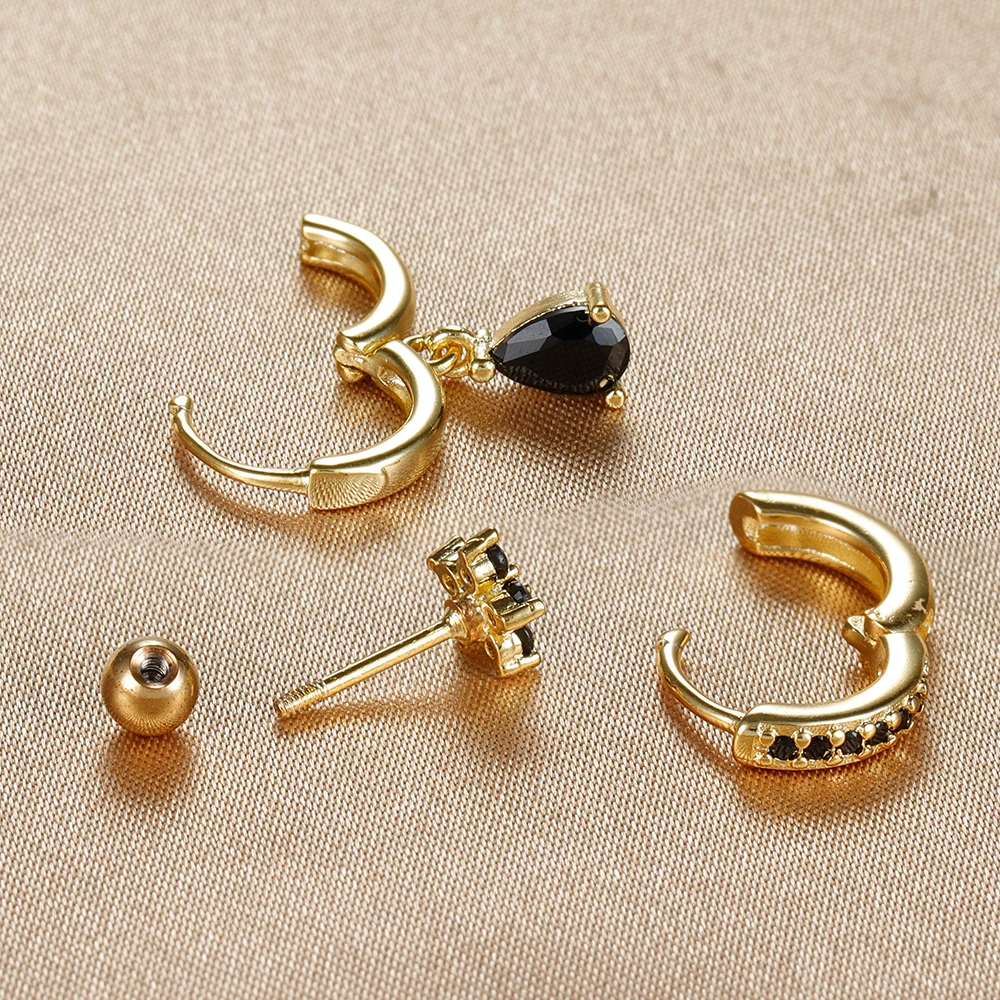 3PCS Women\'s Earrings Set Tiny Crystal Zirconia Water Drop Pendant Little Huggies Hoop Earring Cartilage Piercing Jewelry