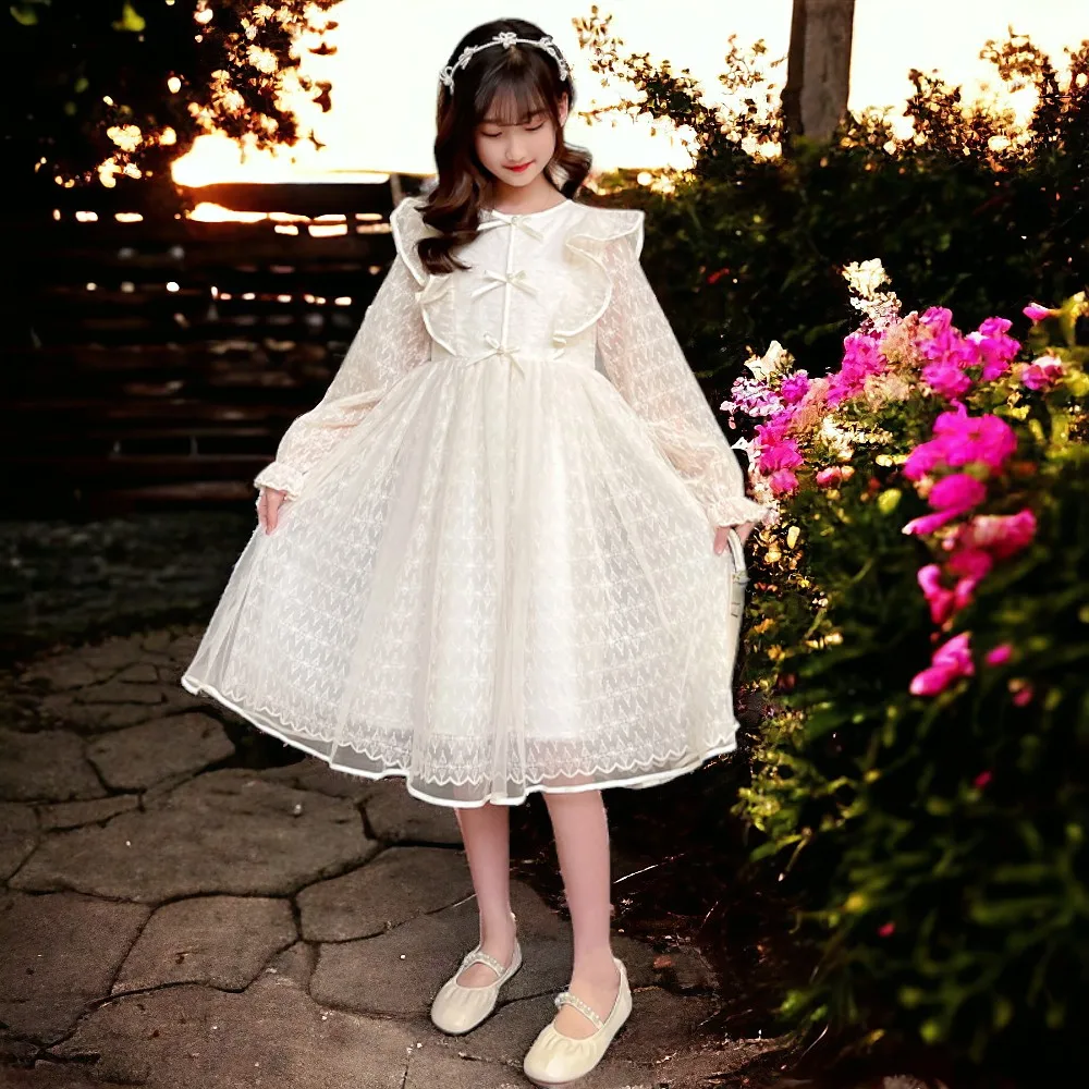 Spring Kids Outfits Beige Lace Dresses for Girls Clothes Teenagers Children Party School Costumes Baby Vestidos 6 8 10 12 Years