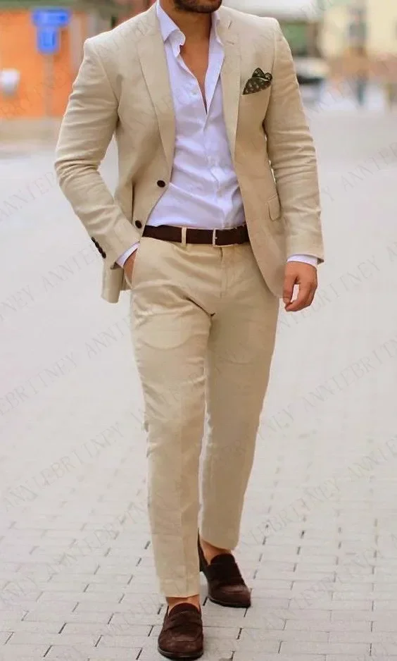 

2024 Beige Linen Summer Casual Men Suit Slim Fit Beach Party Groom Blazer Sets Wedding Suits For Men Custom Tuxedo Costume Homme