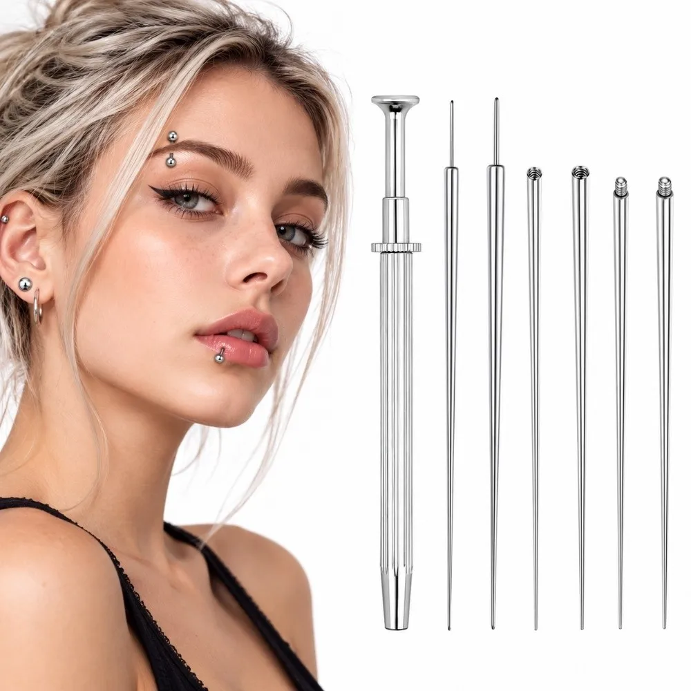 6/7pcs Stainless Steel Piercing Taper Tool Earring Applicator Earring Tool Earring Applicator Piercing Kit Straight/Curved Pole