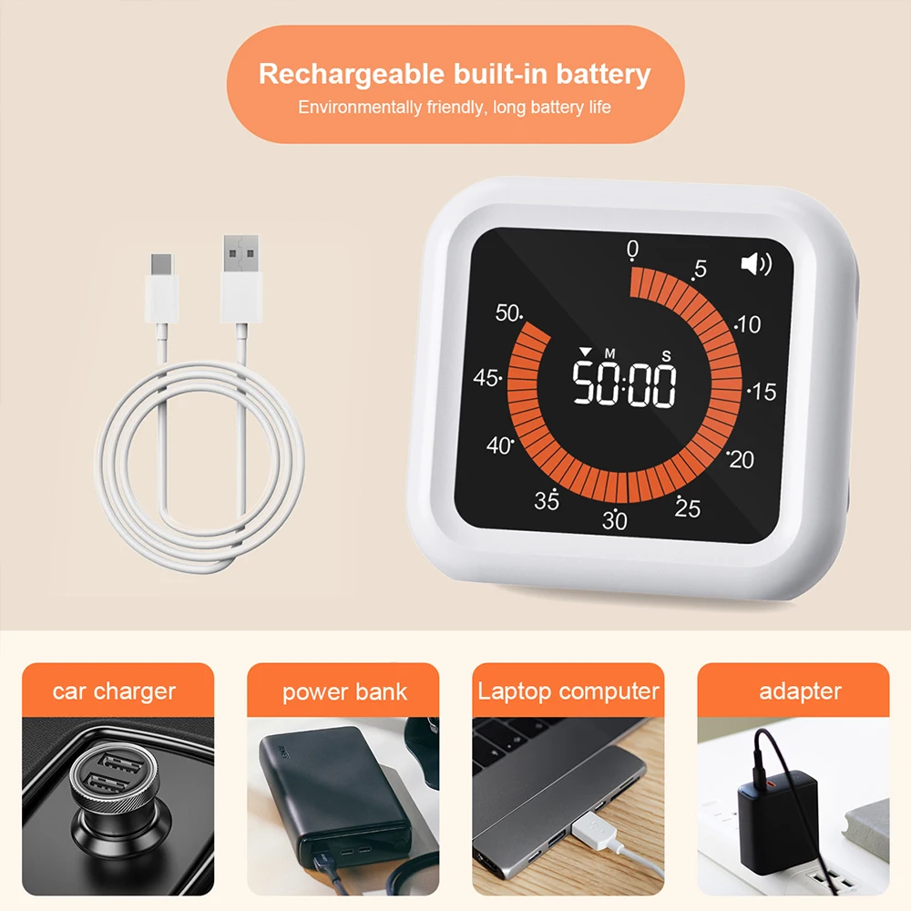 New 60 Minutes Visual Timer Rechargeable Classroom Countdown Silent Timer Mechanical Dual Time Clock for Timer Management Tool