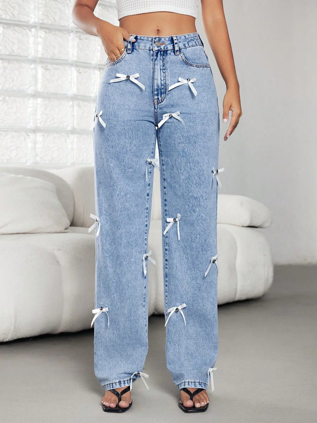 

Viral Bow Tie Wide Leg Jeans for Women, Drag Hem Flare Pants, 2024 Trendy American Retro Straight Leg Loose Fit Denim