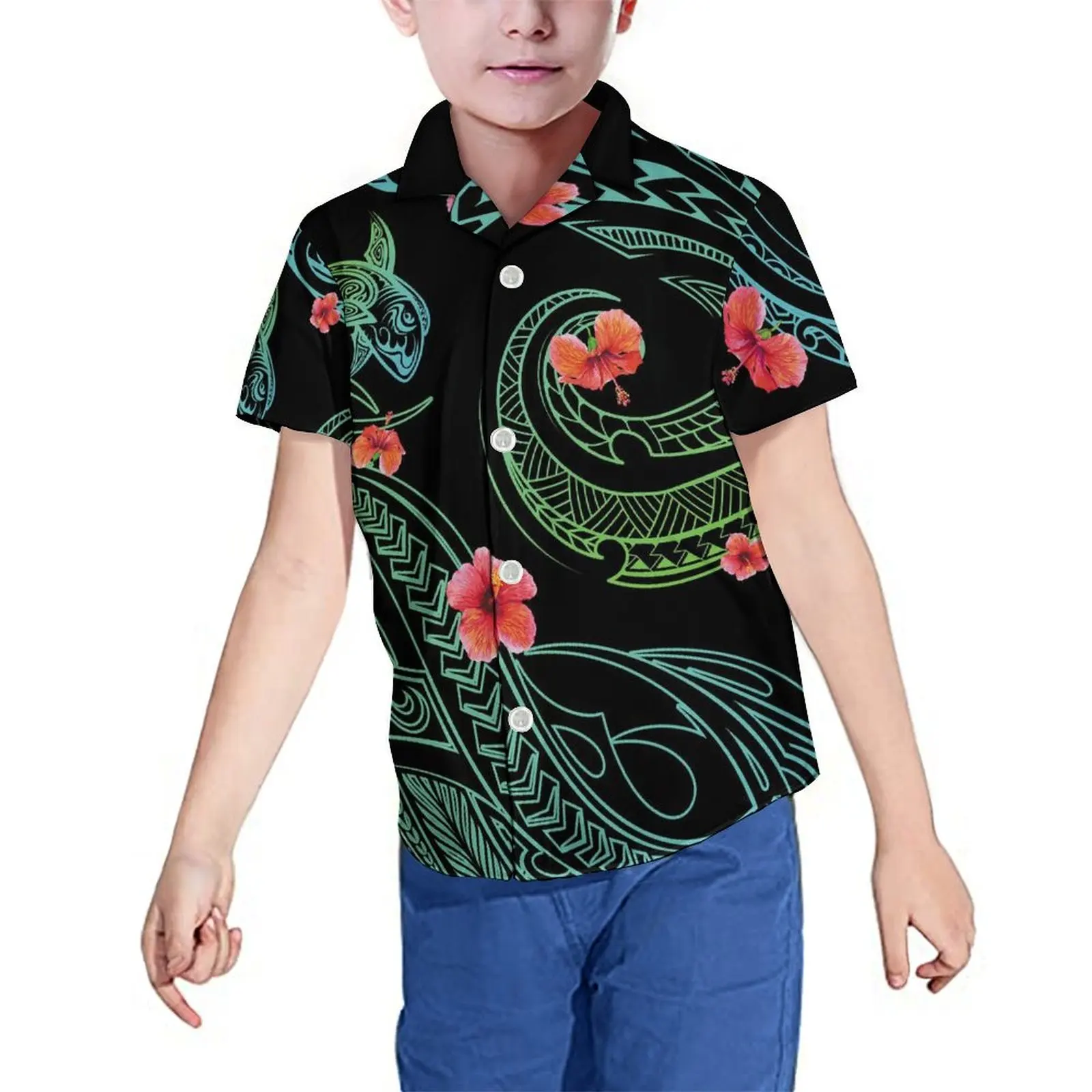 Samoa Boys Print Shirt Hawaii Insel Kinder anzug passend zu polynes ischen Mädchen Halfter knöchel langen Kleidern