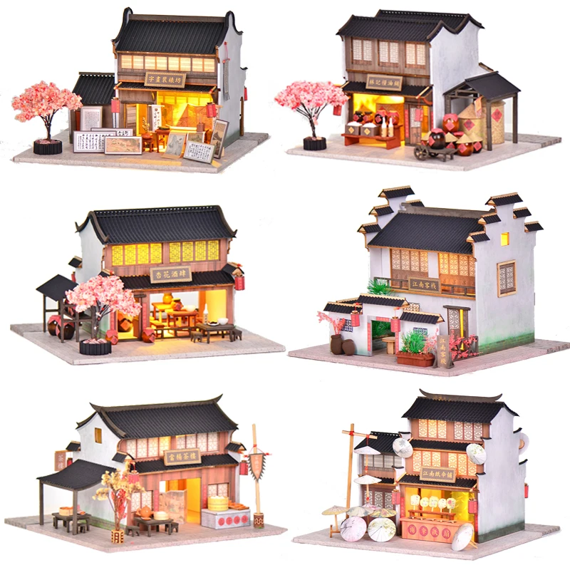 DIY Wooden Casa Doll House Miniature Kits With Furniture Jinangnan Town Street View Stores Villa Dollhouse Toys for Girls Gifts