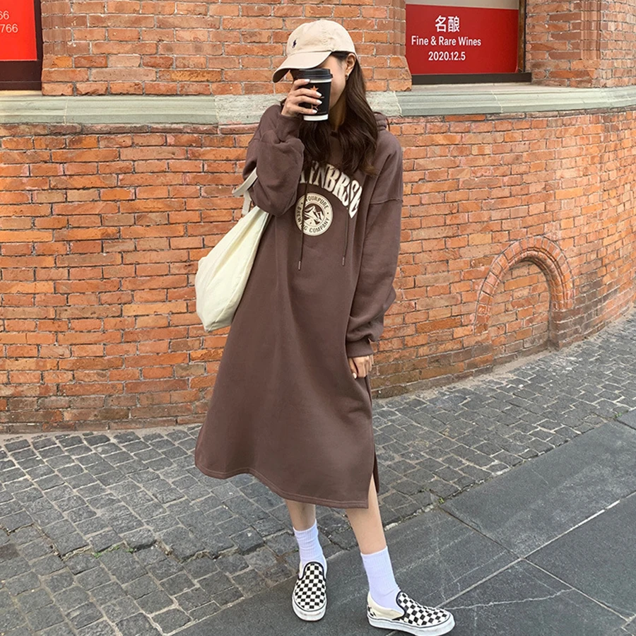 New Spring Fashion Print Hoodies Dress For Women Harajuku Loose Long Hooded Dress Korean Below Knee Dress Girls Streetwear