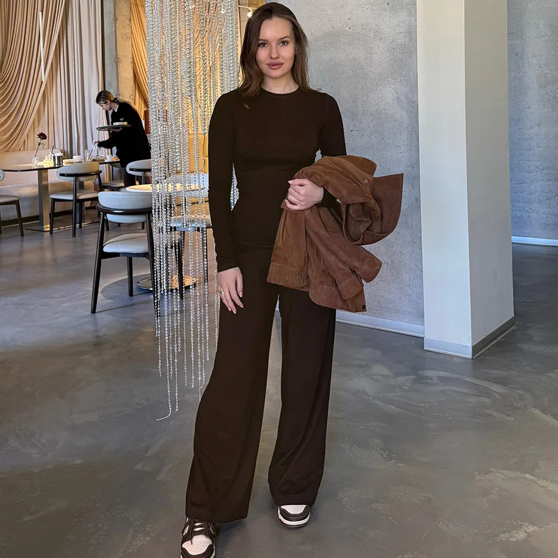 

Женская футболка, длинные брюки, комплект из 2 предметов, однотонные топы с круглым вырезом и длинными рукавами, брюки с эластичной резинкой на талии, женская одежда, новый спортивный костюм