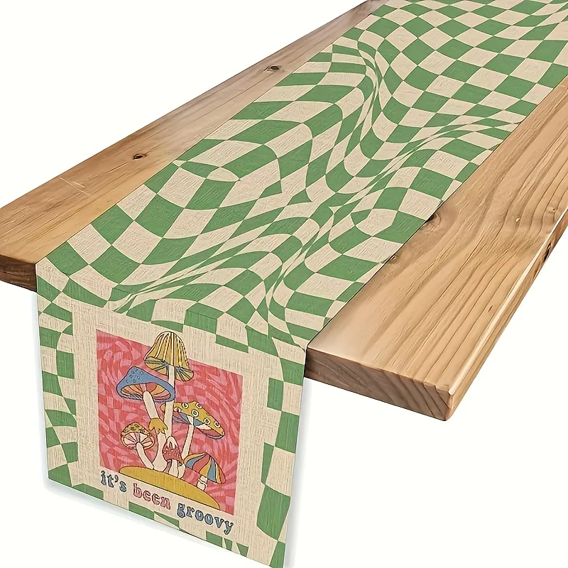 1 Piece of Green Plaid Table Runner with a Vintage Hippie Party Style Mushroom Design, Suitable for Farmhouse, Indoor, Kitchen, Celebrations, Table Decoration, Restaurant, and Banquet Decoration Supplies