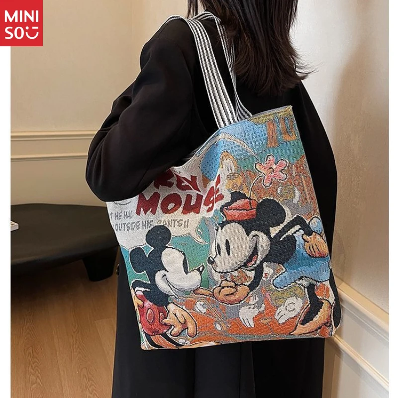 Miniso Embroidered Tote Bag, Large Student Commuter, Knit Shoulder Purse