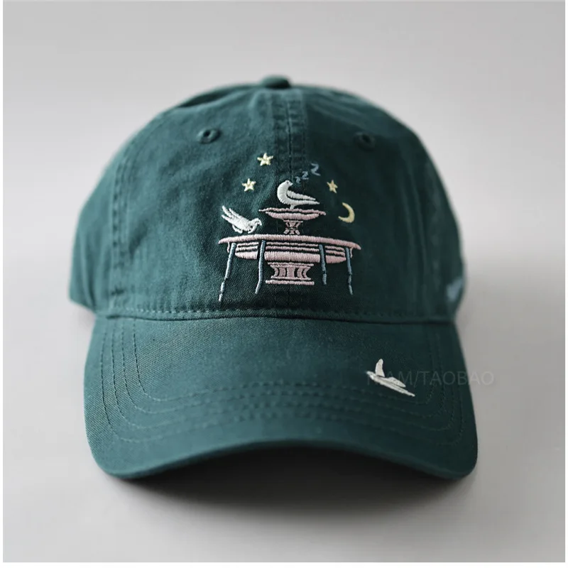 Vintage Fountain Bird Embroidered Baseball Cap for Women and Men Daily Wear Street Washed Cotton Unstructured Caps Unisex