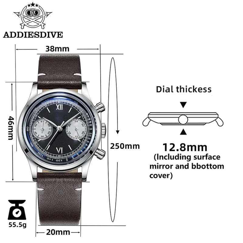 ADDIESDIVE Hot Sale AD2037 Multifunctional Chronograph Watches VK64 Leather 10Bar Waterproof Mens Quartz Watches Reloj Hombre