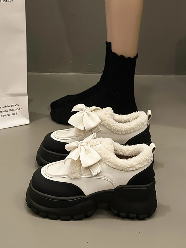 

Winter Shoes Women Round Toe Bow-Knot Casual Female Sneakers Loafers With Fur Clogs Platform British Style Autumn Oxfords Black