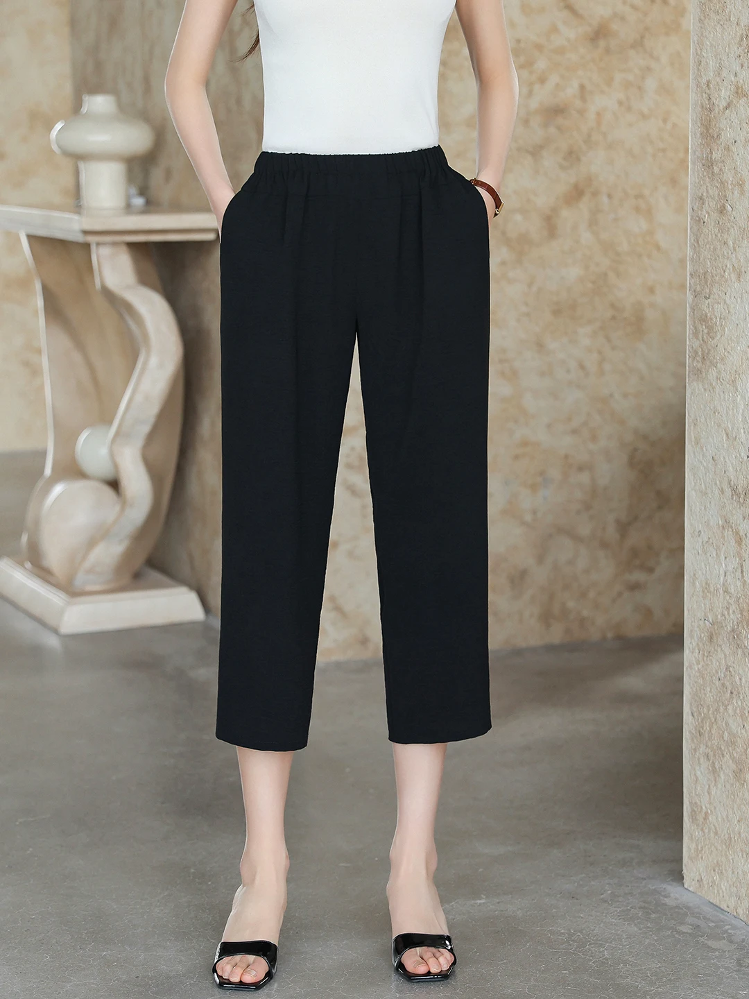 Midlife Women's Wide Leg Pants Summer Thin Seven-Foot Loose Fitting High Waist Drapey Mom Pants Casual Plant Floral Print