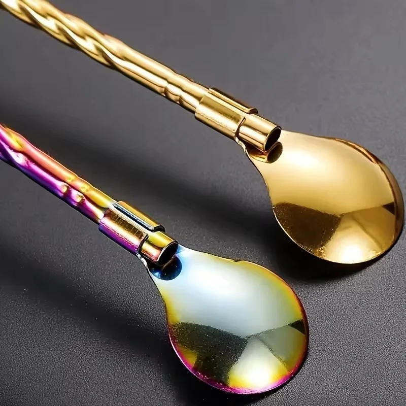 1Pcs Reusable Straw Spoon Stainless Steel Metal Colorful Straw Cocktail Drinking Straw Spoon Milk Bar Coffee Stirring Accessory