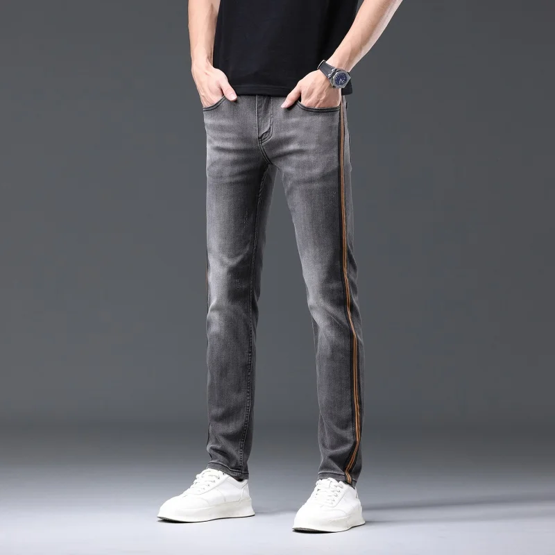 

Sports Line Design Gray Jeans Men's Stylish Simple and Versatile Street Straight Slim Fit Stretch Feet Pants