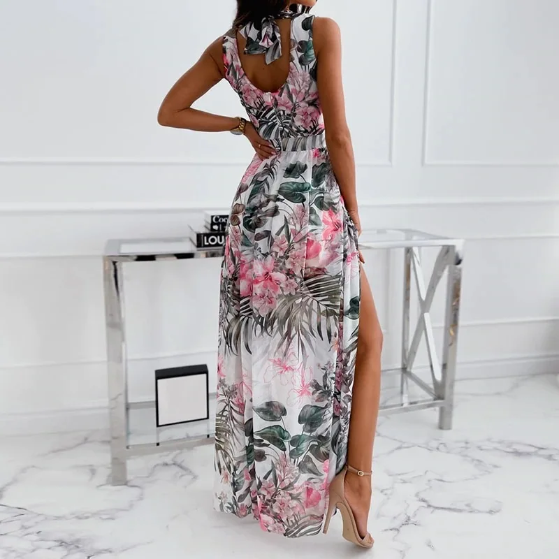 Summer Fashion Women Sexy V-neck Knit Mid- Calf Dress Long Print Dresses Silm Fit Floral Shirt Coquette Casual Y2k Clothes