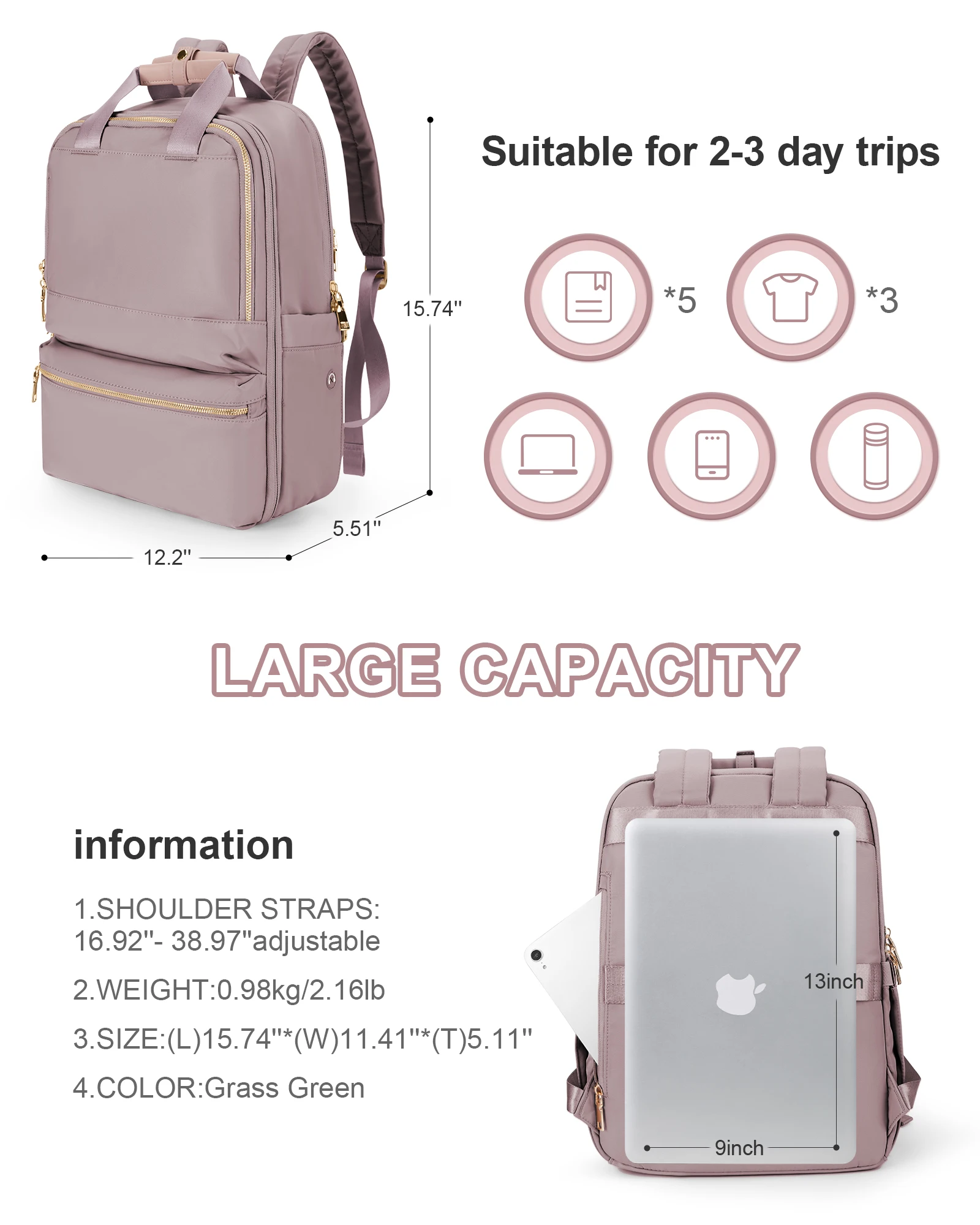 Backpack for Women, Carry on Personal Item Handbag, Waterproof 15.6 Inch Laptop Backpack, Casual Daypack for Travel Fitness Work