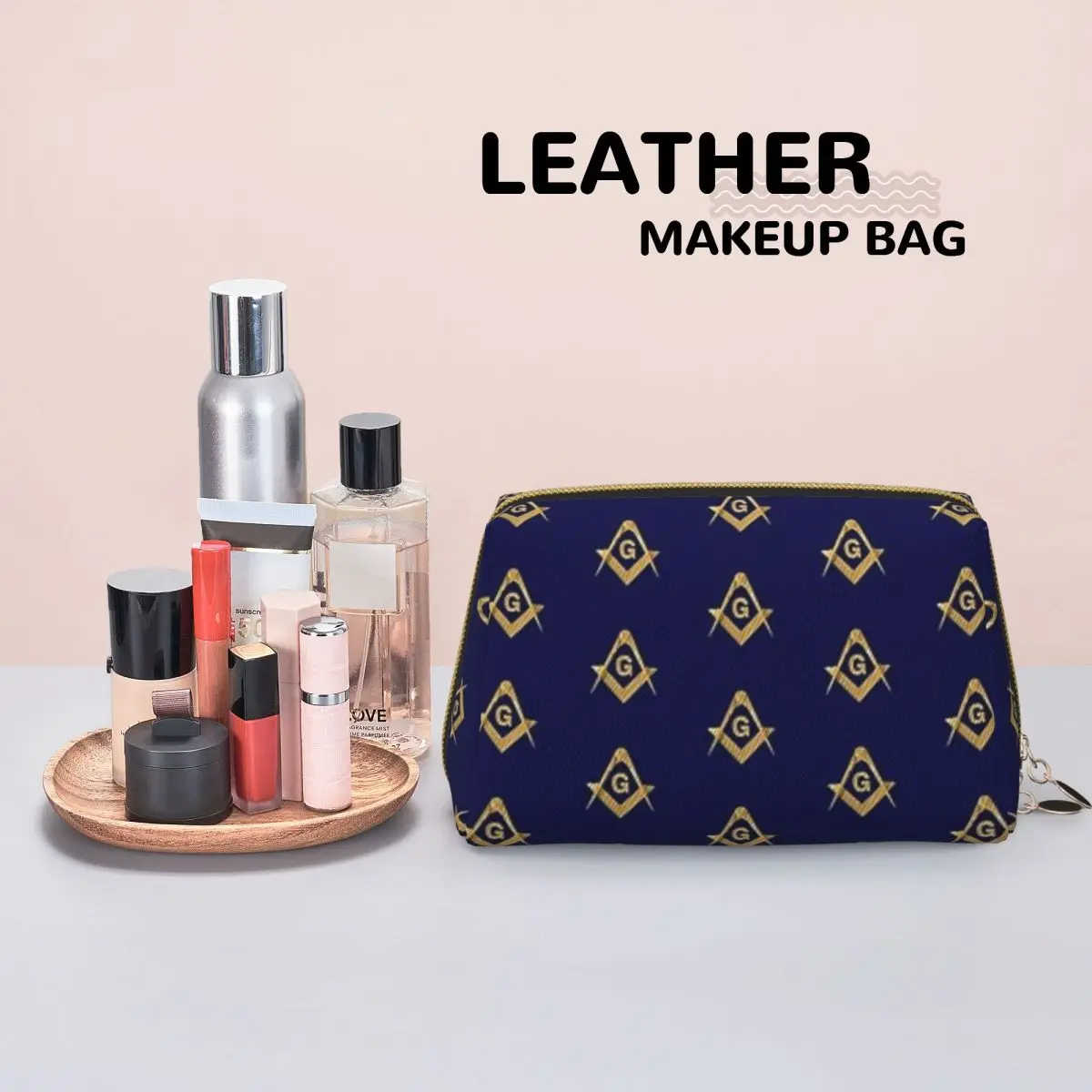 Freemason Pattern Gold Blue Square And Compass Masonic Women Cosmetic Bags Travel Makeup Organizer Pouch Toiletry Storage