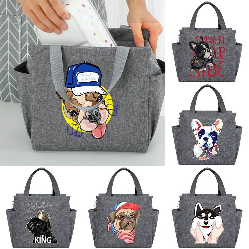 Versatile Canvas Insulated Lunch Bag Dog Pattern Storage Tote Bag Light Carry Handbag for Outdoor Picnic Meal