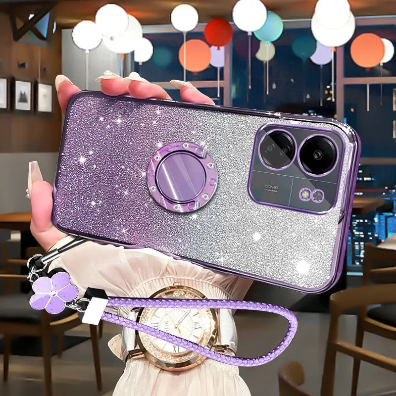 

For Xiaomi Poco C65 Case,For Xiaomi Poco m6 x5 X6 Glitter Back Cover Shockproof Protective Shell Phone Case Diamond Holder Strap
