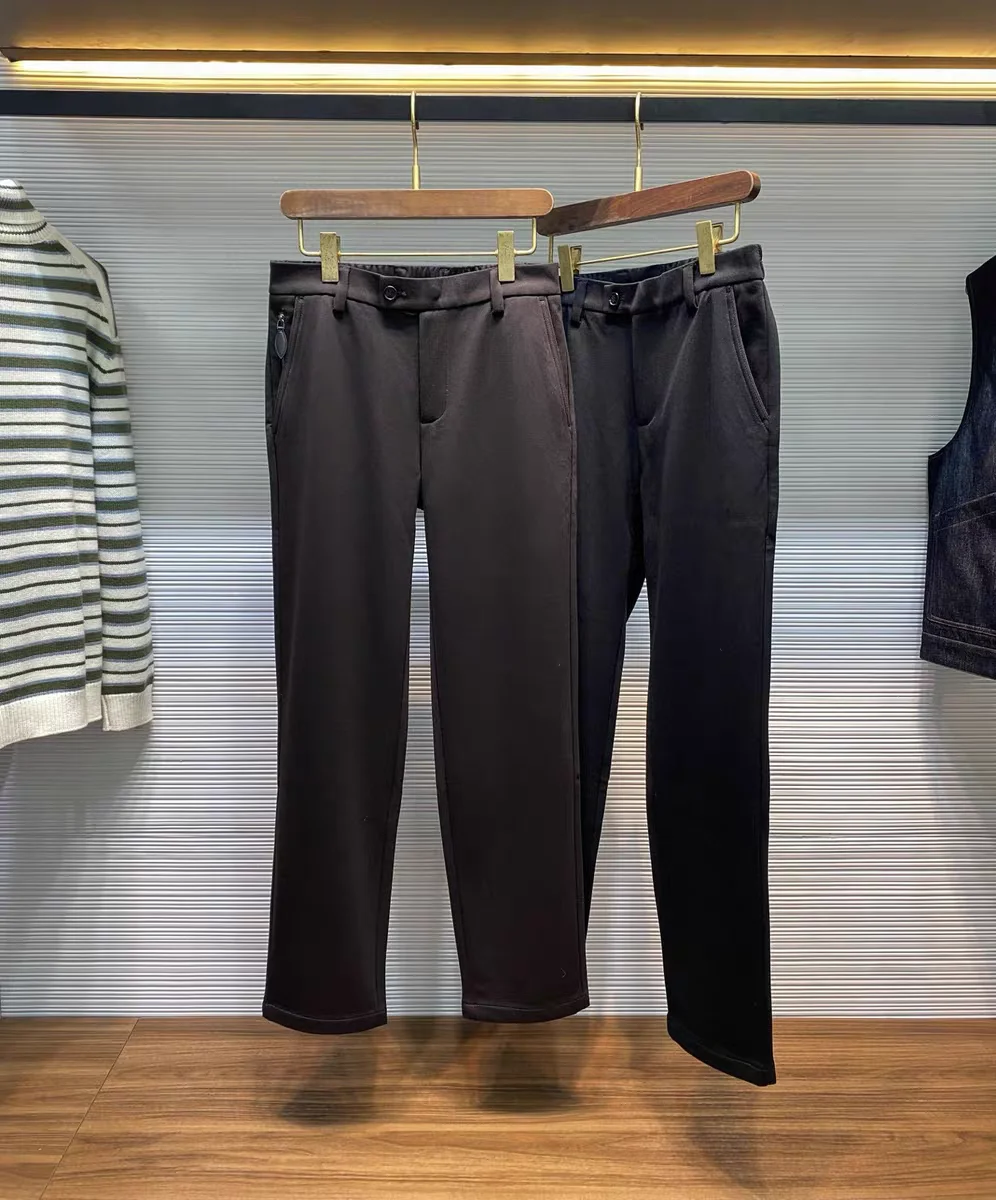 

Leather Casual Pants Men's Autumn Winter Faion Busin Straight Leg Zipper ket Brued Fabric Elastic Waist Casual Pants