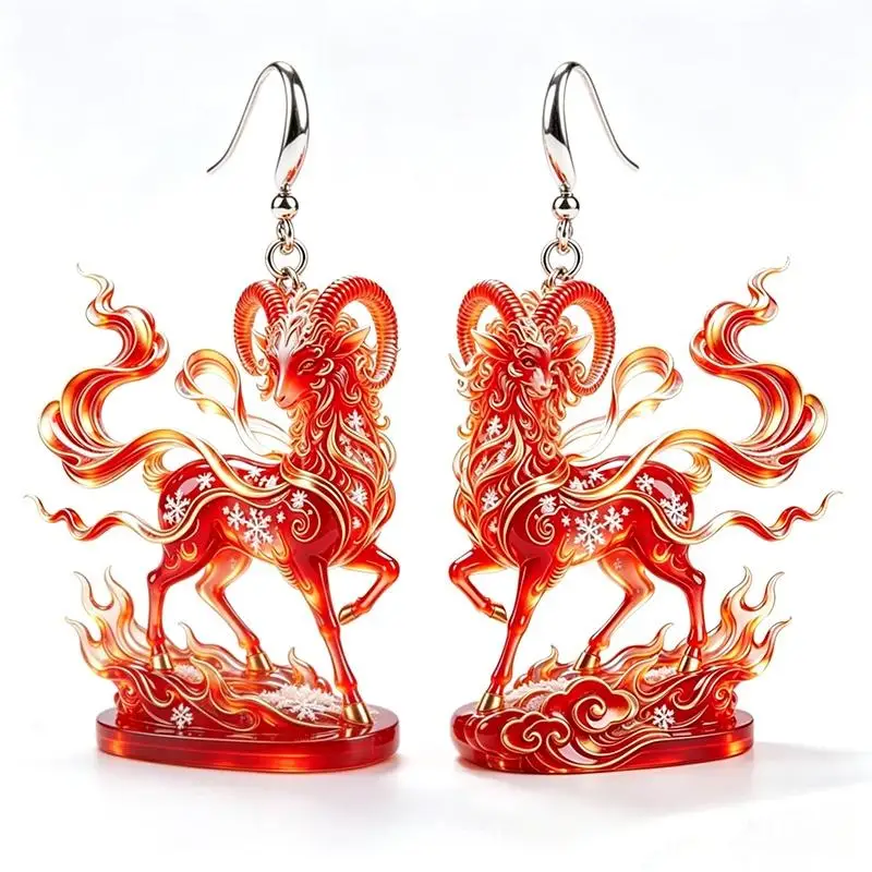 Pendientes colgantes de acrílico con diseño de cabra del zodiaco chino, en rojo y dorado, para el Festival de Primavera, regalo de joyería de Año Nuevo.