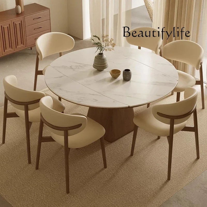 Round telescopic folding rock slab dining table Solid wood Modern simple square and round dual-purpose variable round table