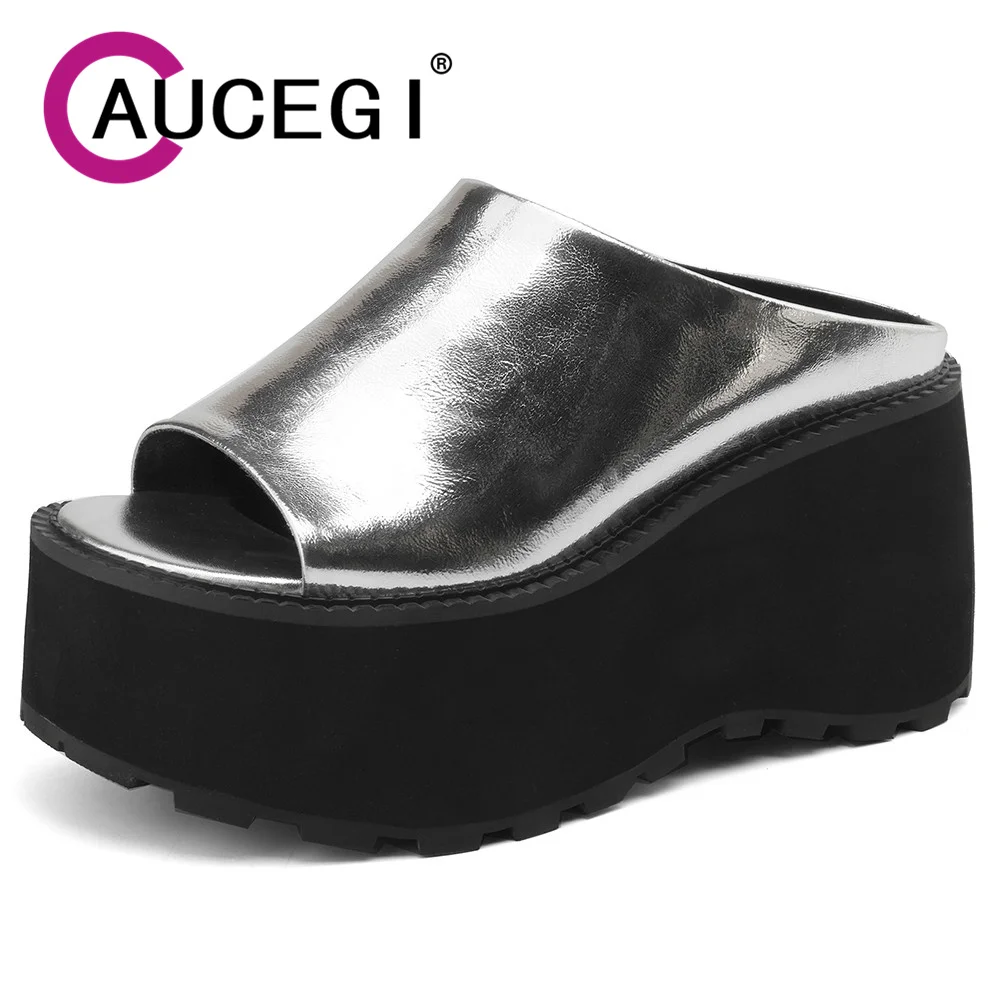 Aucegi Women Platform Wedges Thick Sole Sandals Slipper Summer Genuine Leather Round Peep Head Party Dress Handmade Shoes