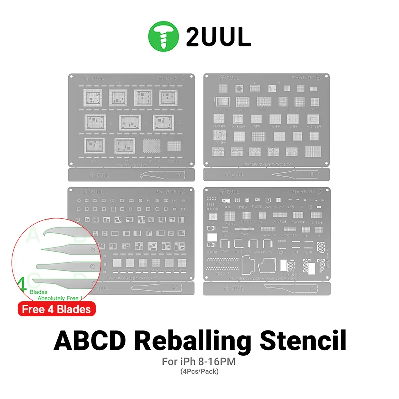 

2UUL BG01 ABCD Tin Planting Steel Net for IPhone 8-16PM CPU Comprehensive BGA Reballing Stencil Mobile Chip Repair Tools set