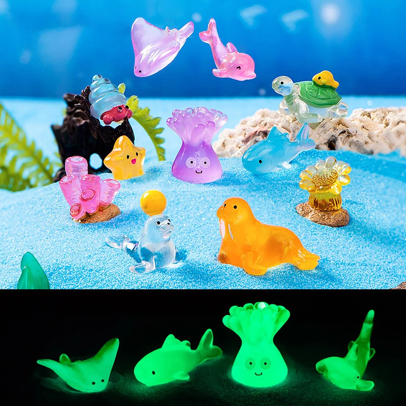 Mini Luminous Marine Animal Figurine Cartoon Dolphins Sea Lions Turtles Octopuses Corals Micro Landscape Fish Tank Ornaments