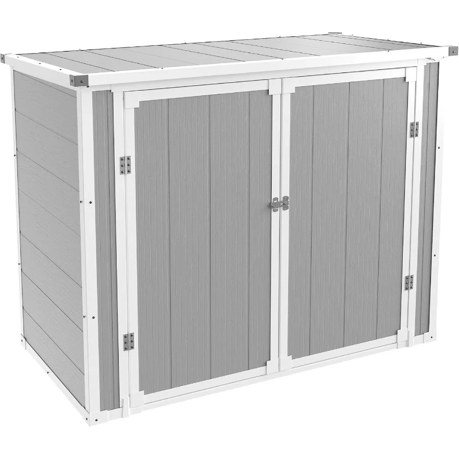Outdoor horizontal resin storage shed for patio use, waterproof plastic construction with floor, lockable door, gray color, 41