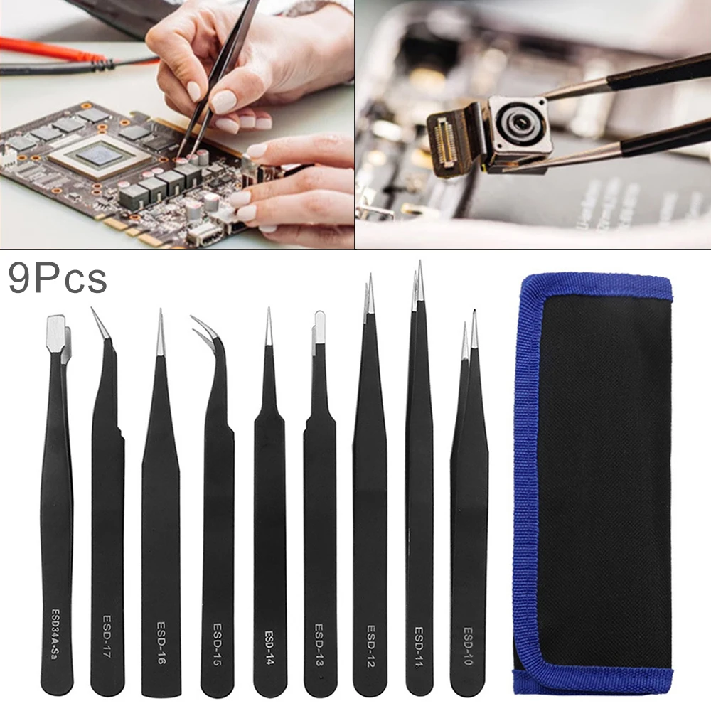 

2/6pcs/ 9pcs Tweezers Kit Stainless Steel Tweezers Set Maintenance Tools Industrial Precision Curved Straight Repair Hand Tools