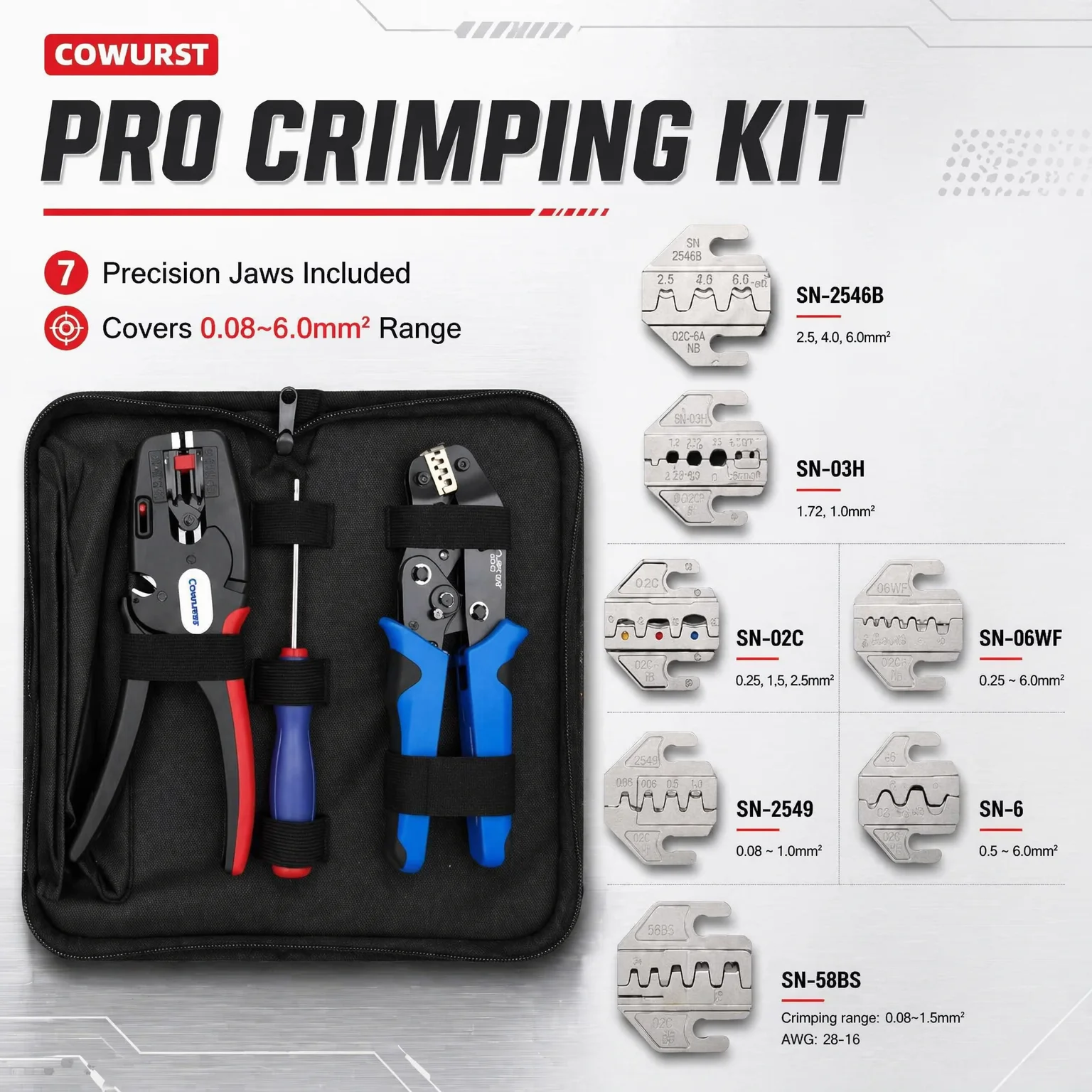sn-58b-wire-crimp-tool-kit7-interchangeable-dies-ratchet-crimper-pliers-with-self-adjusting-wire-stripper-storage-bag