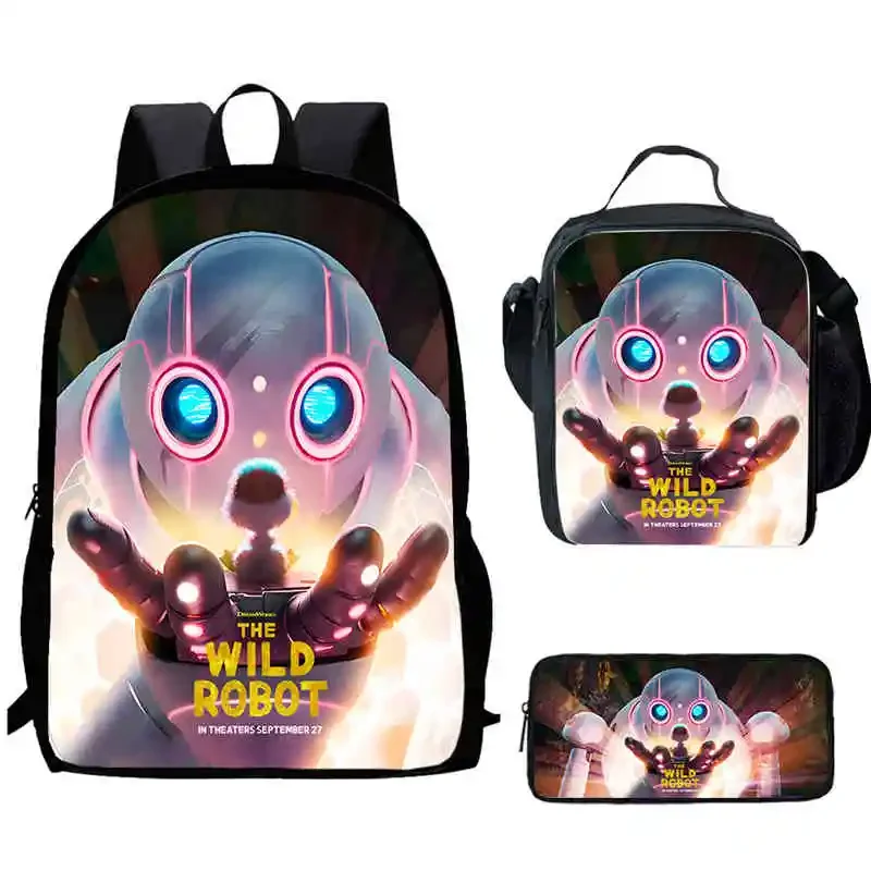 Cartoon Movie W-Wild-R-Robot Child School Backpack With Lunch Bags Pencil Bags For Kindergarten,Best Gift For Boys and Girls