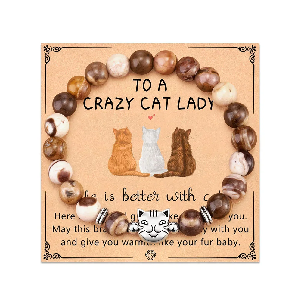 

Nature Stone Black Cat/Tabby Cat/Tuxedo Cat/Orange Cat/Gray Cat/White Cat Bracelet Crazy Cat Lady Gifts for Women for Cat Lover