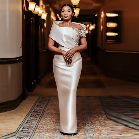 Aso Ebi White Satin Prom Dress Shining Beaded Floor Length Sheath Evening Gowns Women Formal Occasion Party Dress
