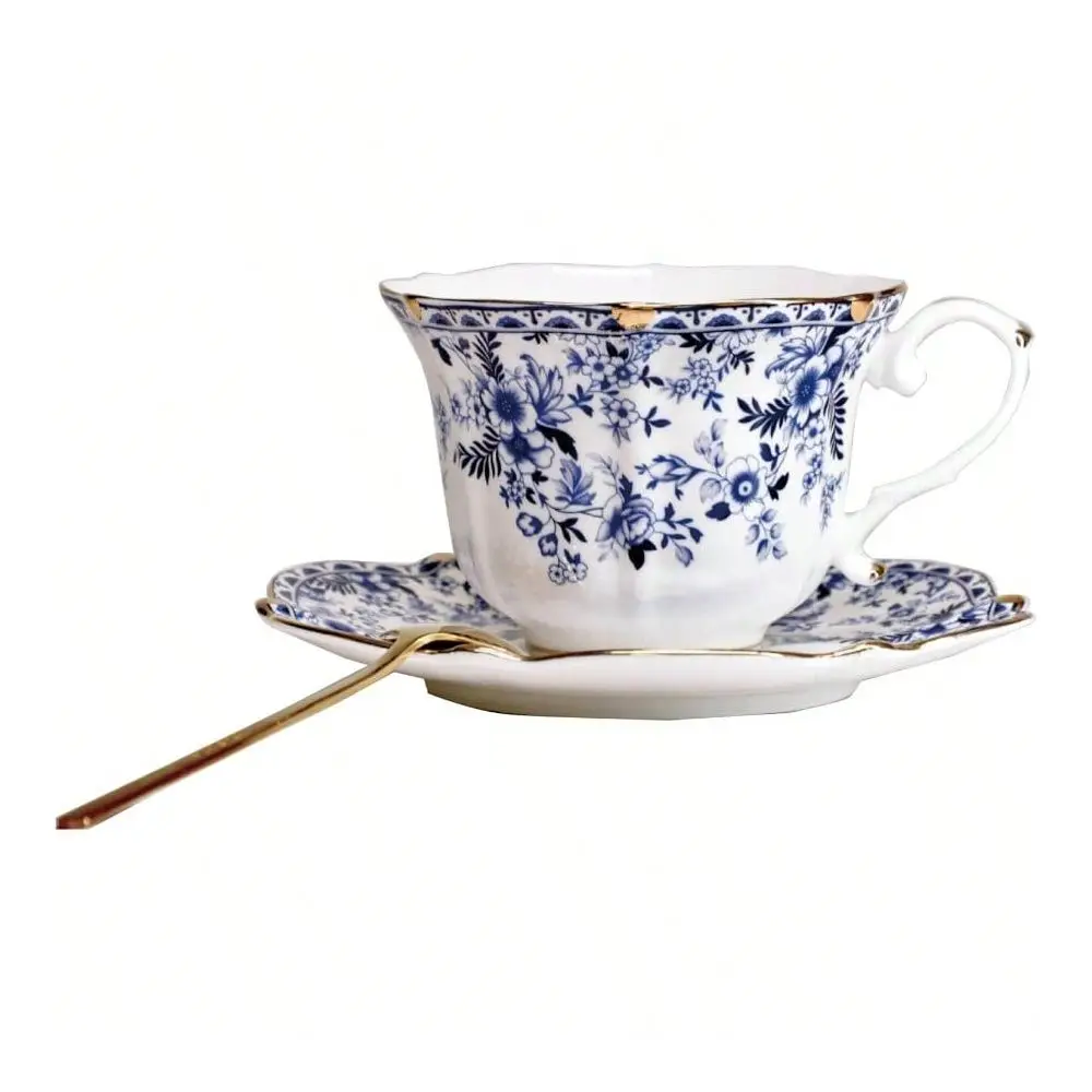 

Floral Porcelain Tea Cup And Saucer Set With Spoon, Gold Trim, 6.4 Oz Set Of 1, Blue Tea Espresso Coffee Cups 1, China Flower