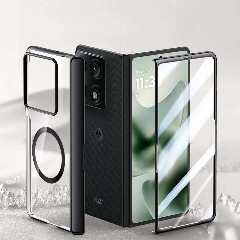 

For Motorola Moto Razr Fold Case ELVEV Magnetic Transparent Hard PC Anti-slip Hinge Lens Protection Cover with Tempered Glass