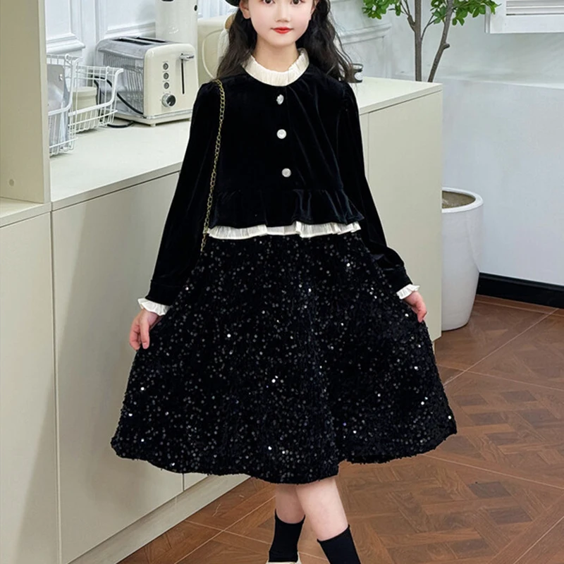 Girl\'s sequined velvet dress black fashionable high-end temperament girl fake two pieces Spring and Autumn Winter Festival party