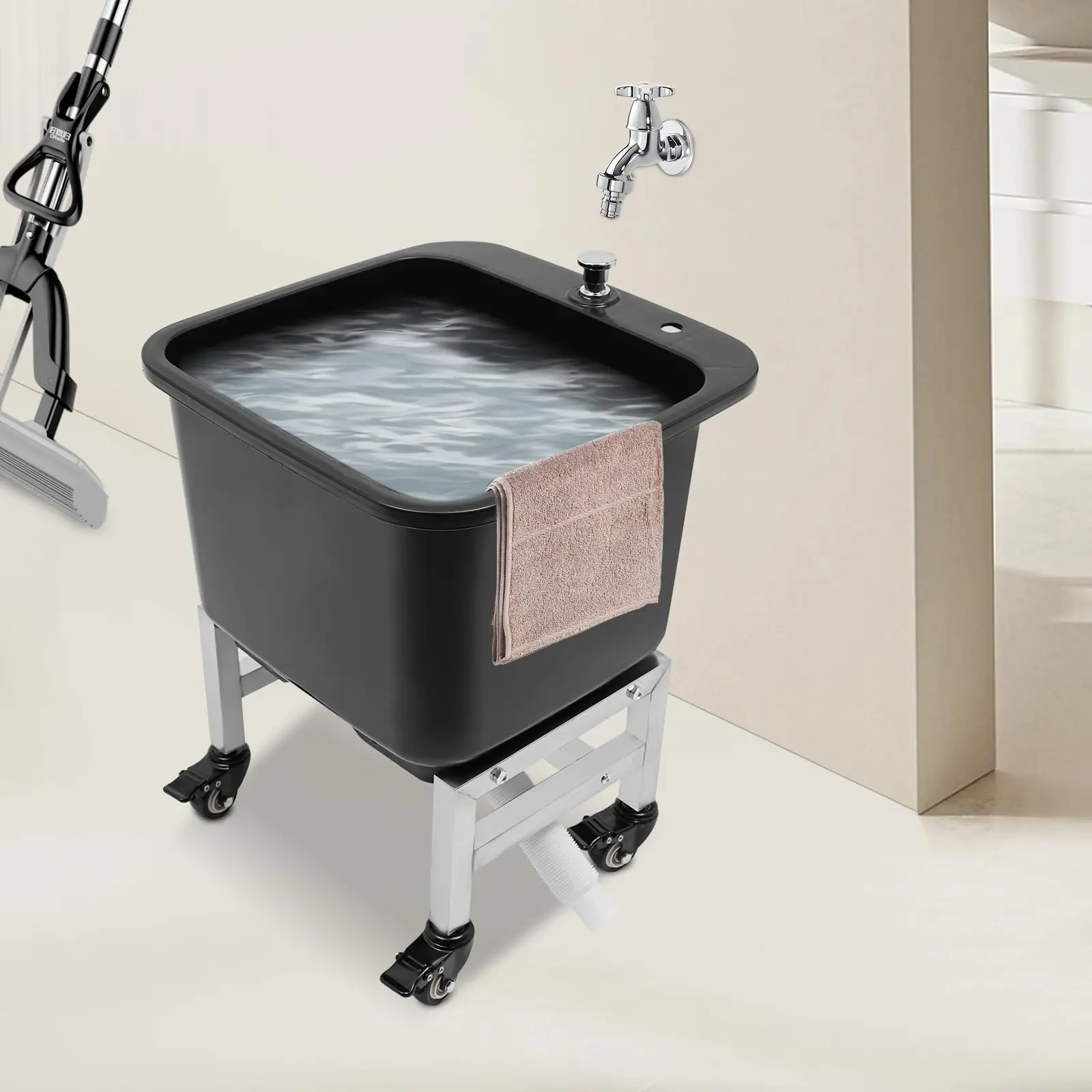 Commercial ชั้น Mop Sink พลาสติกอิสระ Mop อ่างล้างหน้าลูกกลิ้ง 15.8*15.8*19.9 "ยูทิลิตี้ในร่มกลางแจ้ง Mop Sink บริการ Ba