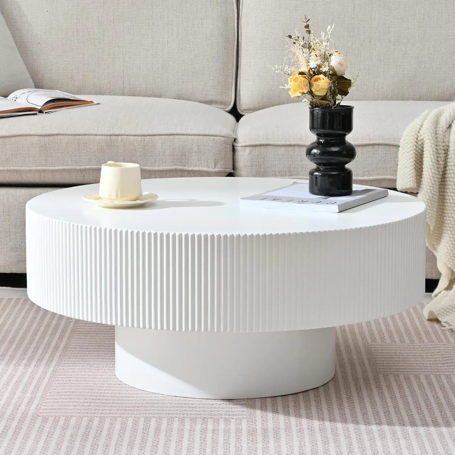 Modern Round Coffee Table With Sturdy Circular Base, Wood Center Table For Living Room Reception Room Office, Easy Assembly Circular Accent Furniture Piece, White