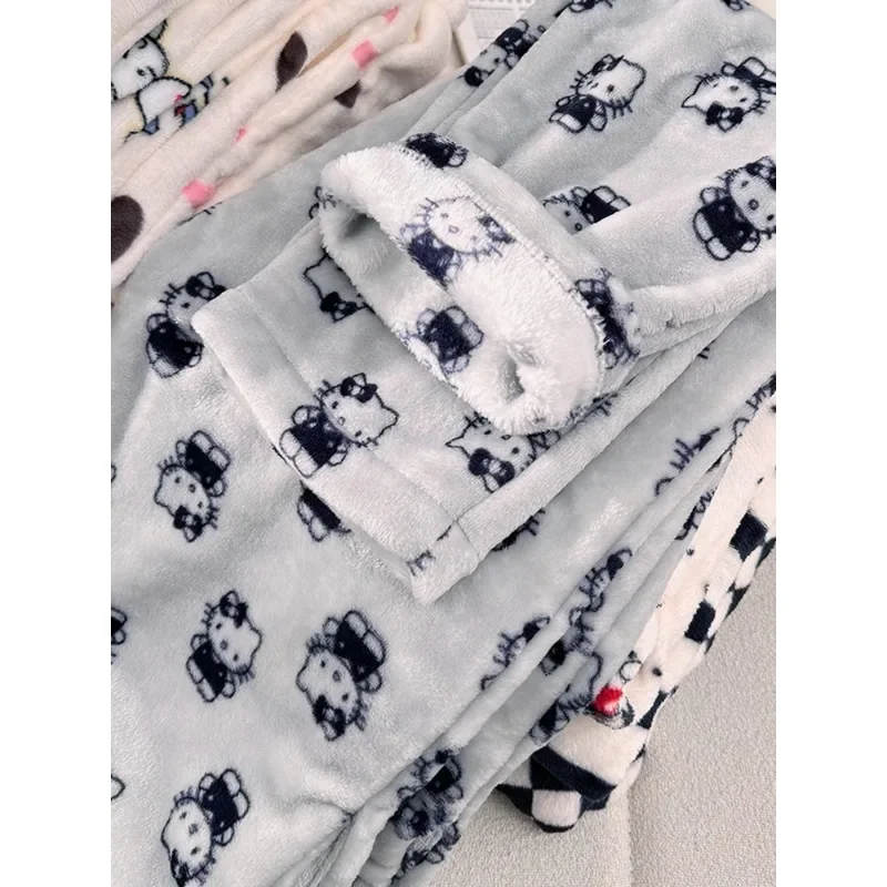 Soft Hello Kitty Kawaii Plush Pajamas Pants Fashion Women Autumn Winter Thickened Coral Velvet Plus Size Flannel Home Trousers