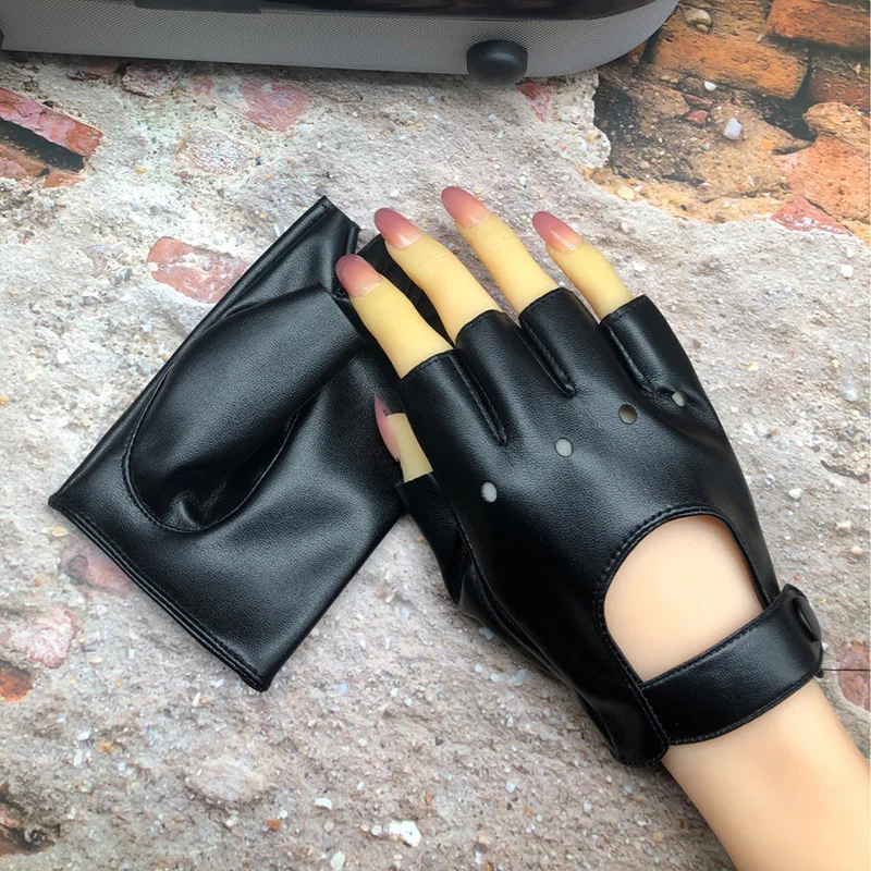 Donne Punk Nightclub Hip Hop Show Photography Dance Mitten Ladies Half Finger sintetico PU Leather Button Hole Driving Glove M16