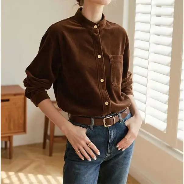 

Модная универсальная рубашка в стиле ретро с элегантным дизайном, осенне-зимняя, коричневая, с воротником-стойкой, из вельвета, с длинным рукавом, для женщин