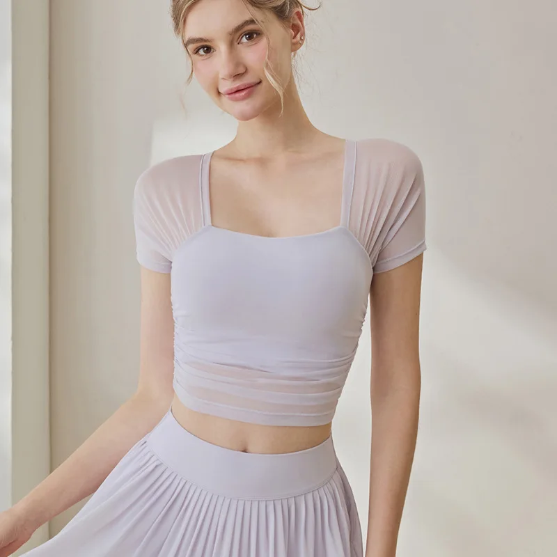 Women Yoga Set Summer Breathable Mesh Short Sleeve Crop Top & Pleated Tennis Skirt 2‑Piece Outfit Gym Workout