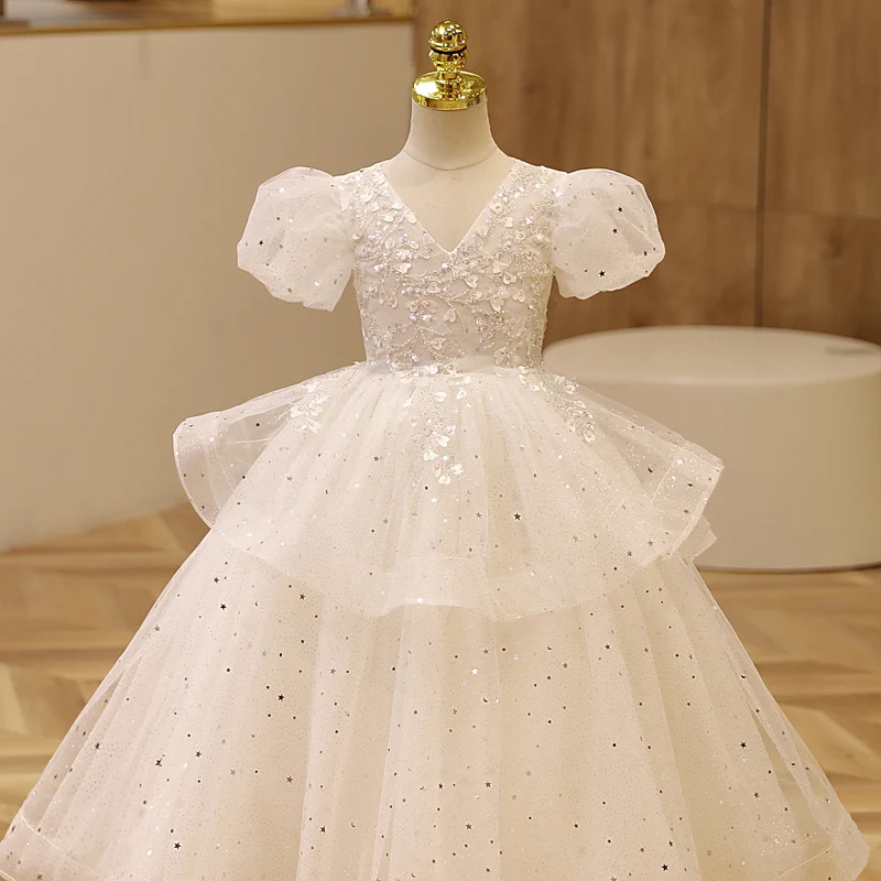 Robe de demoiselle d'honneur à manches bouffantes pour enfants, col en V, paillettes brillantes, robes de fête d'anniversaire, tulle à plusieurs niveaux, robe de Rhlongueur rinçage, 2023