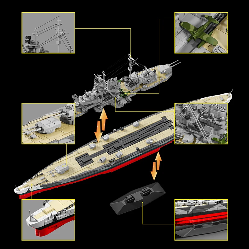 2738pcs World War II German Tirpitz Battleship Assembly Model Kit Educational Toy Children's Gift Warship Series Puzzle Blocks