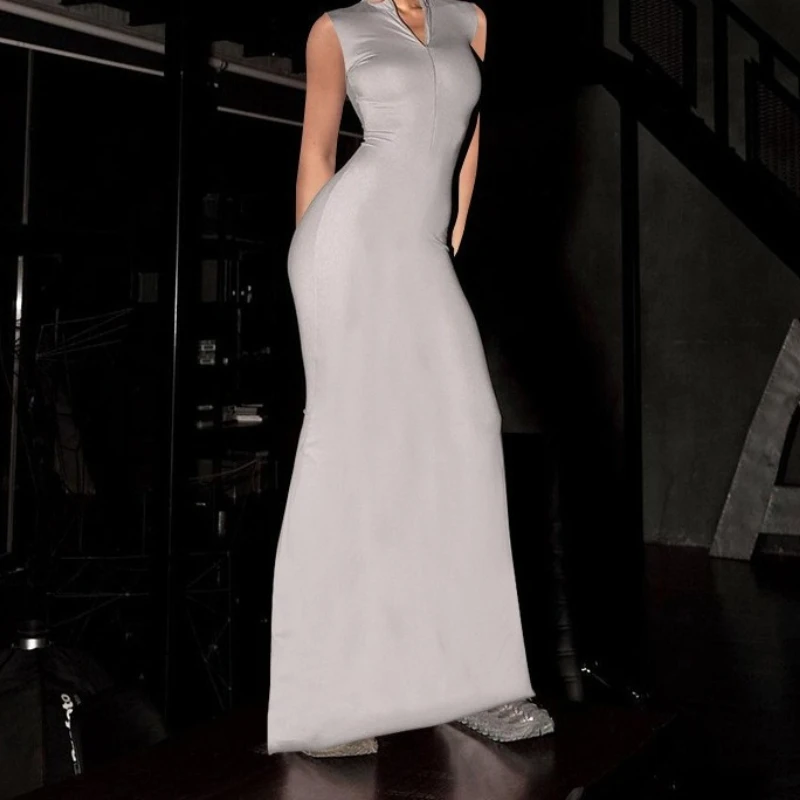 

Women's Clothing Summer Dress Fashion Solid Color Simple Casual Zipper Sleeveless Slim Dress Women's Long Dresses