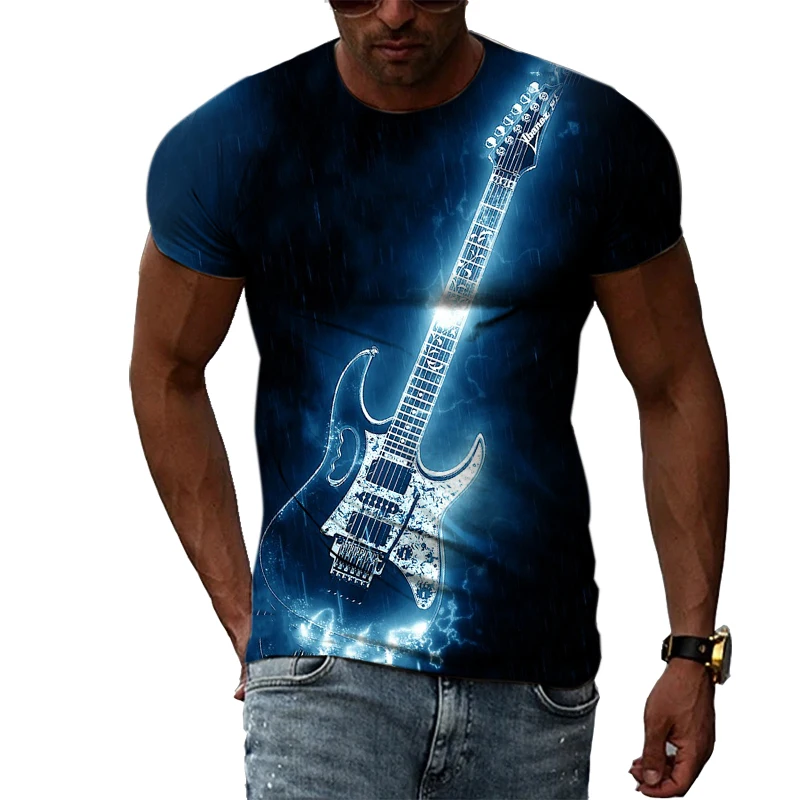 Summer Fashion Guitar Picture  T-Shirts For Men Casual 3D Print Tees Hip Hop Personality Round Neck Short Sleeve Tops