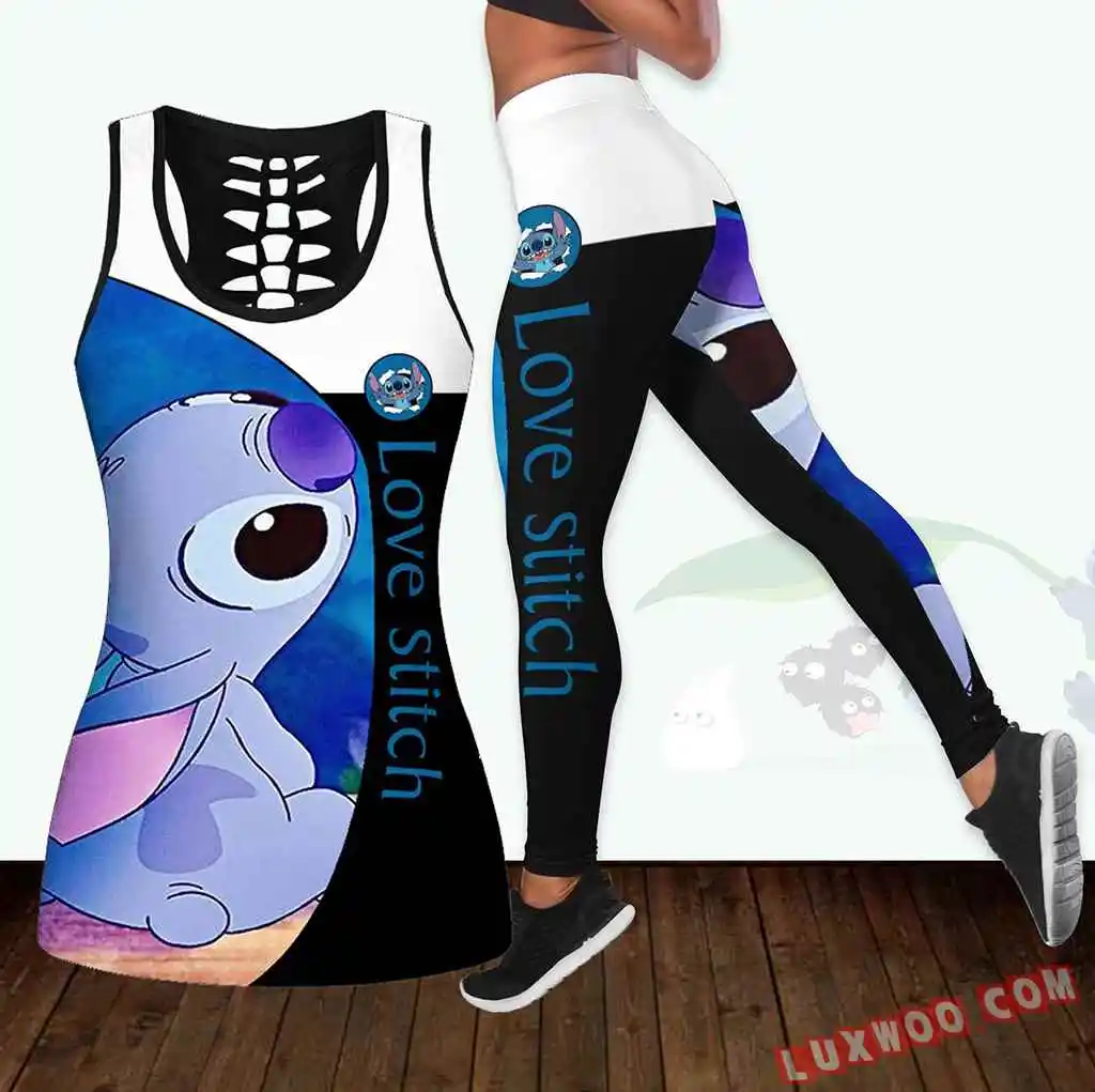 Stitch Women\'s Book Hollow Vest + Women\'s Leggings Yoga Suit Fitness Leggings Sports Suit Disney Tank Top Legging Set Outfit